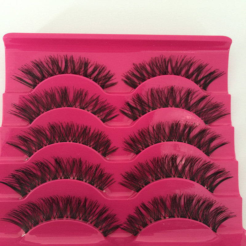 👁️✨ Man-Made Fiber Natural False Eyelashes Set – Cross Style Transparent Stem Lashes (5 Pairs)
