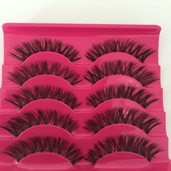 👁️✨ Man-Made Fiber Natural False Eyelashes Set – Cross Style Transparent Stem Lashes (5 Pairs)