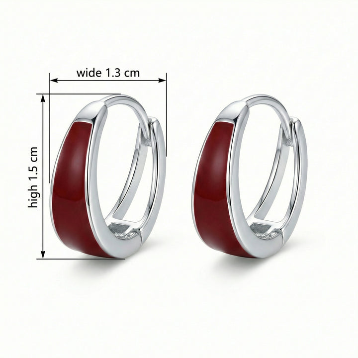 ✨ 925 Sterling Silver Huggie Hoop Earrings with Deep Red Enamel Inlay ✨