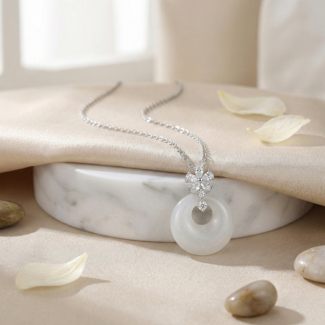 925 Sterling Silver Elegant White Round Jade Pendant Necklace with Sparkling Silver Flower Accents