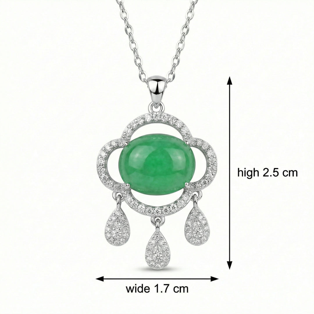 ✨ 925 Sterling Silver Elegant Green Jade Ruyi Pendant Necklace with Diamond Accents and Teardrop Charms ✨