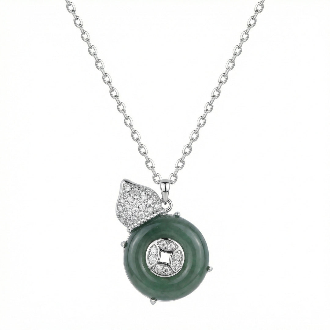 925 Sterling Silver Elegant Green Jade Hulu Gourd Pendant Necklace with Pavé Crystal Accents