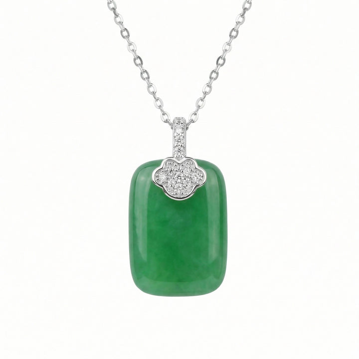 925 Sterling Silver Elegant Green Jadeite Rectangle Pendant Necklace with Sparkling Diamond Accents