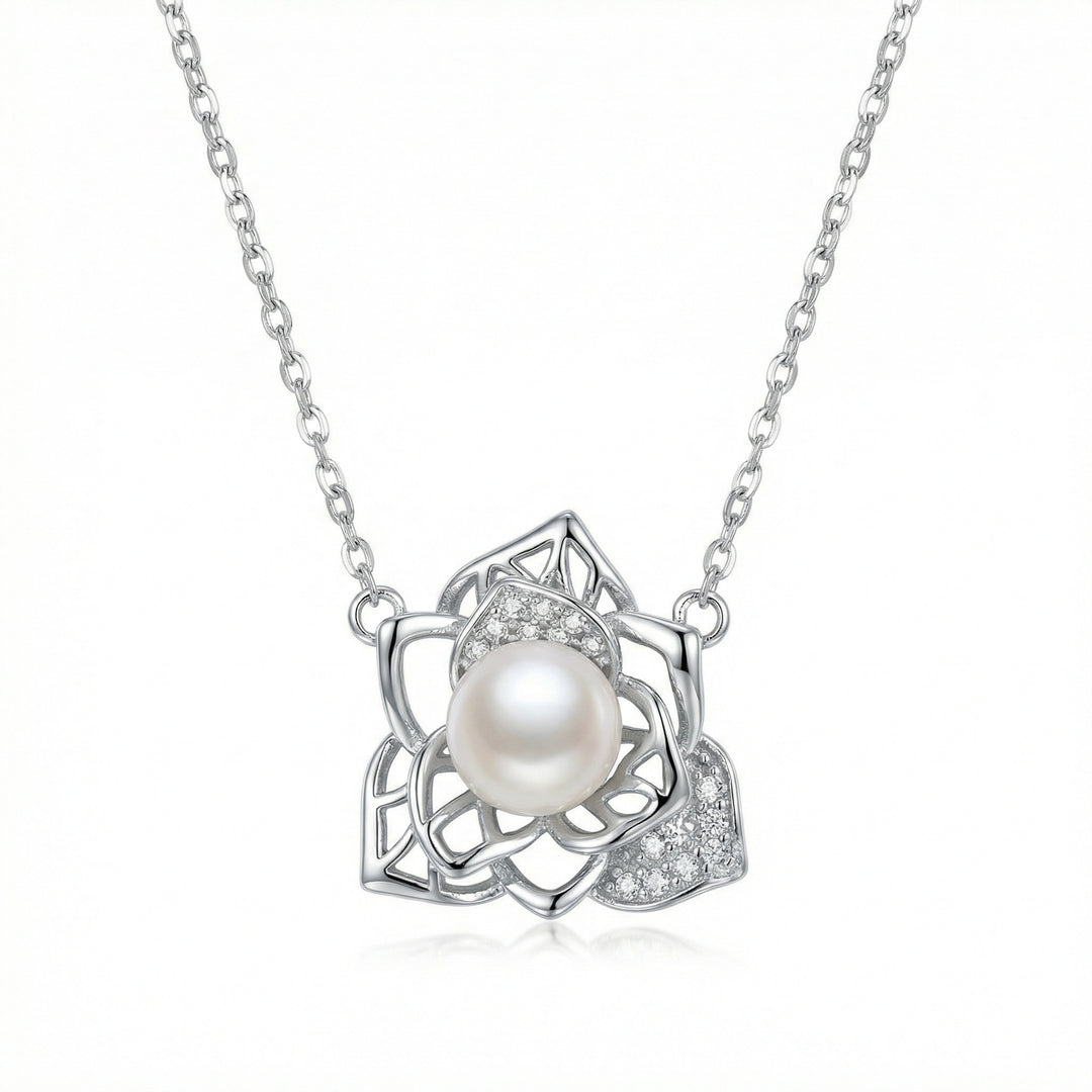 ✨ 925 Sterling Silver Elegant Lotus Floral Necklace with Lustrous Pearl and Sparkling Accents ✨