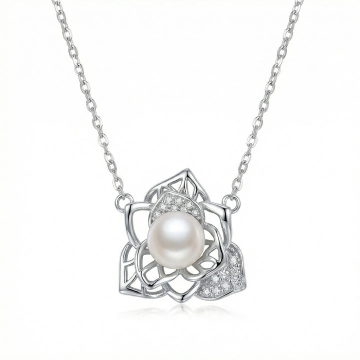 ✨ 925 Sterling Silver Elegant Lotus Floral Necklace with Lustrous Pearl and Sparkling Accents ✨