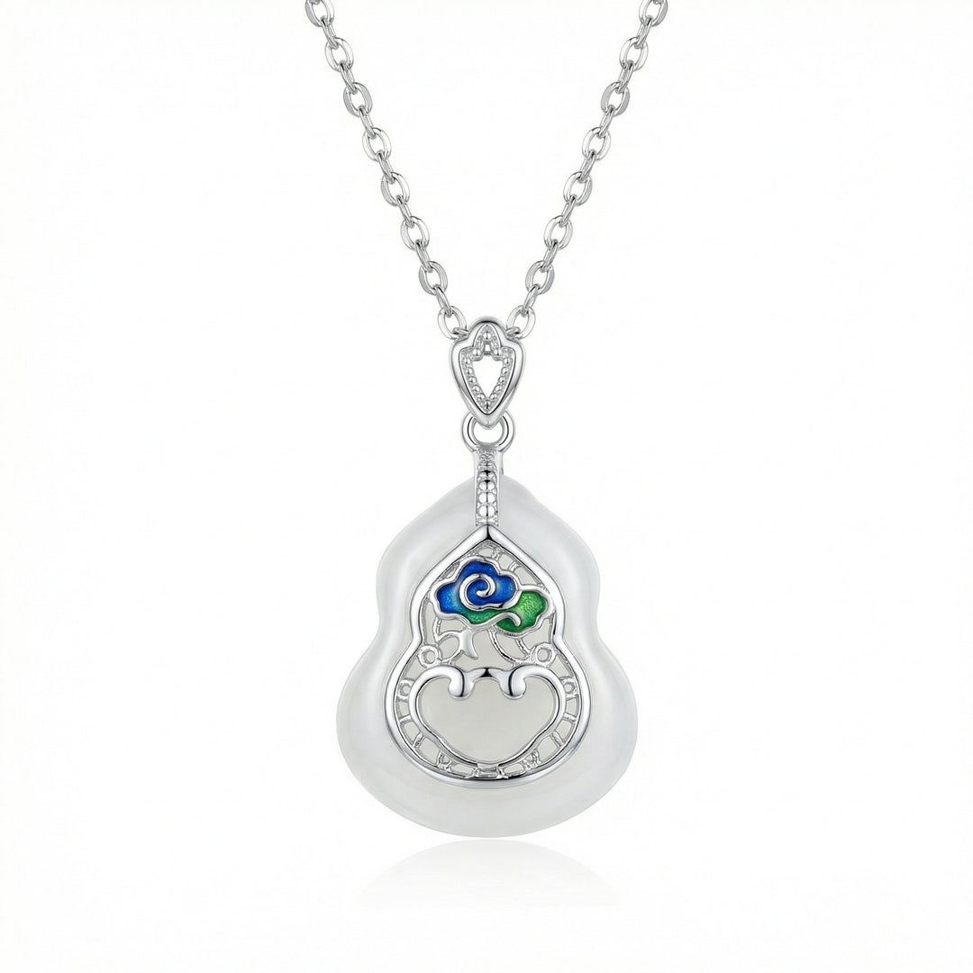 925 Sterling Silver Elegant Gourd Pendant Necklace with White Jade and Enamel Inlay