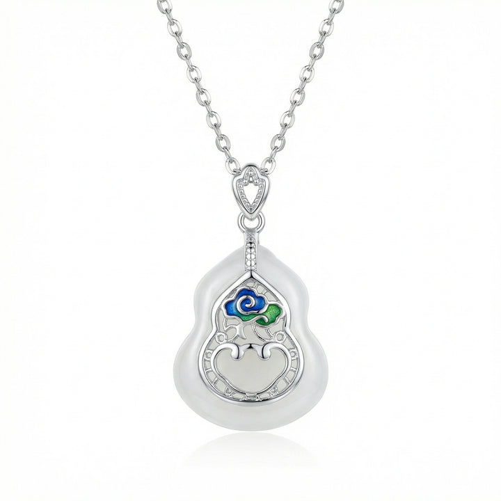 925 Sterling Silver Elegant Gourd Pendant Necklace with White Jade and Enamel Inlay