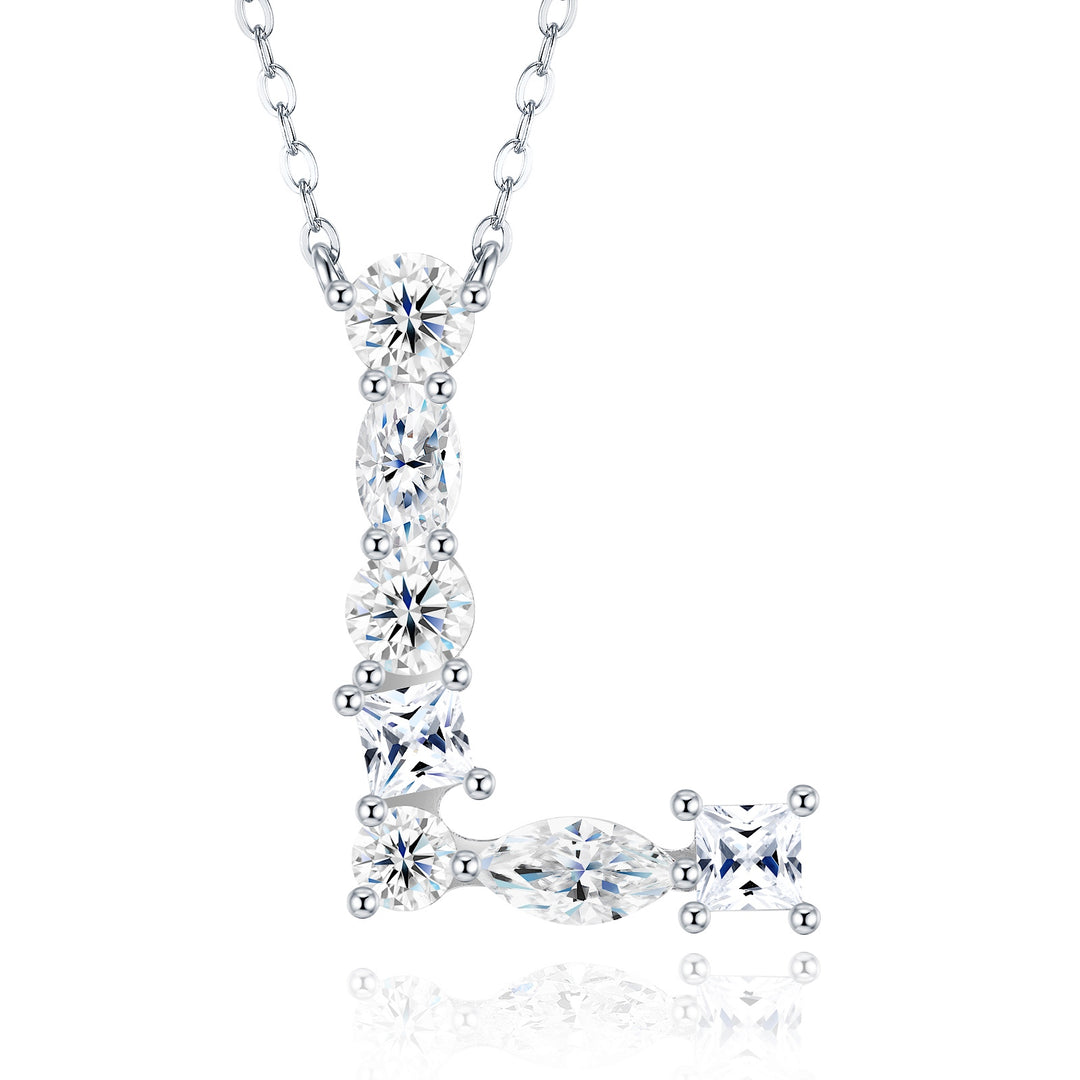 💎 Bubble Letter L-Shaped Pendant Necklace – Platinum & Gold-Plated S925 Silver with Moissanite 💎