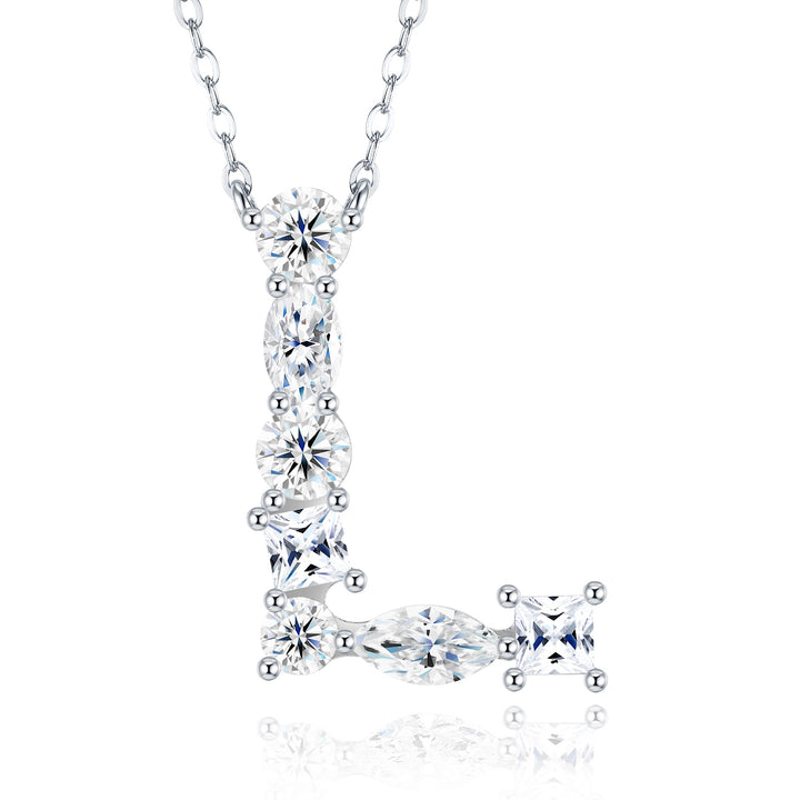 💎 Bubble Letter L-Shaped Pendant Necklace – Platinum & Gold-Plated S925 Silver with Moissanite 💎