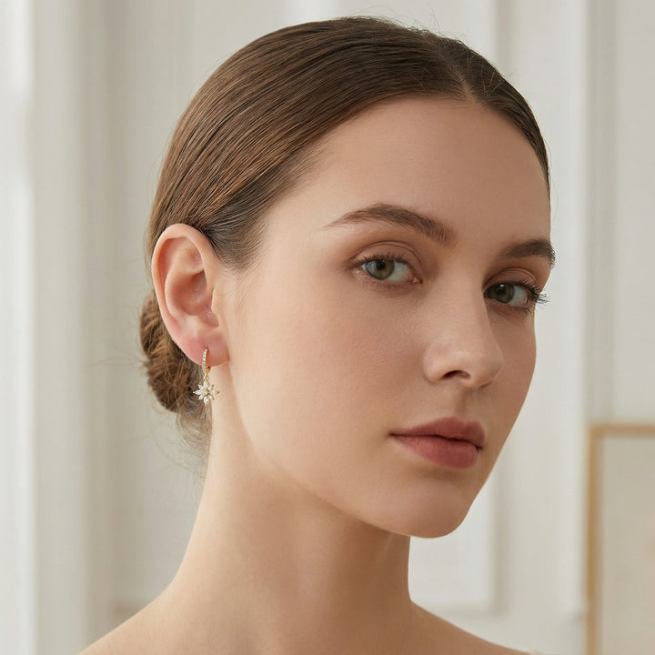 ✨ 925 Sterling Silver Floral Drop Huggie Hoop Earrings with Marquise & Brilliant-Cut Stones ✨