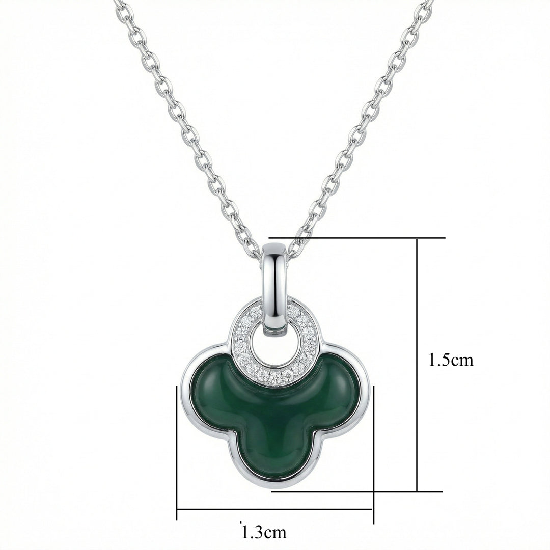 925 Sterling Silver Green Clover Necklace – Malachite Pendant with Diamond Halo