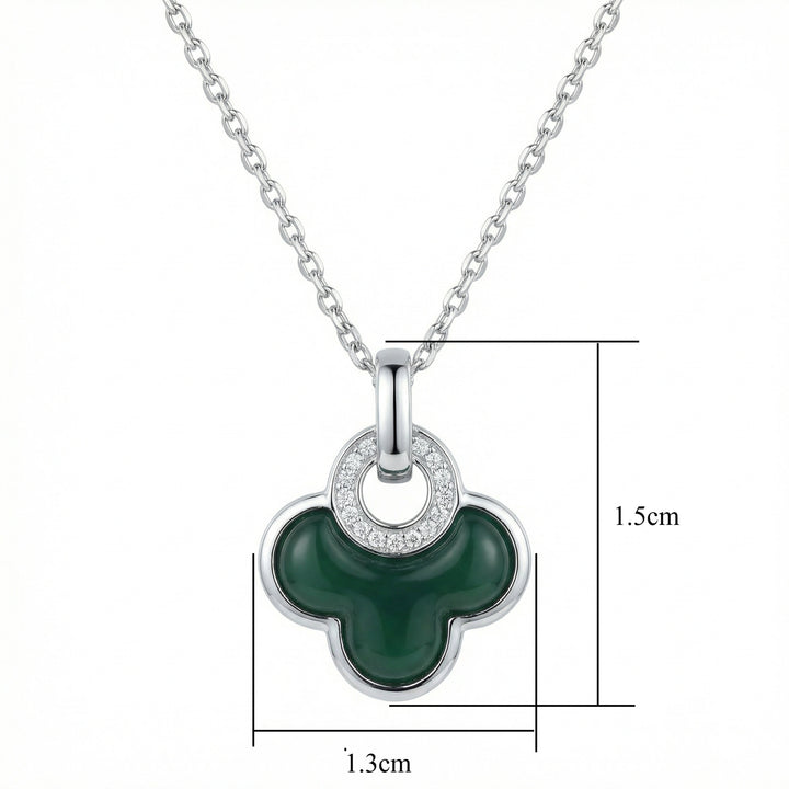 925 Sterling Silver Green Clover Necklace – Malachite Pendant with Diamond Halo