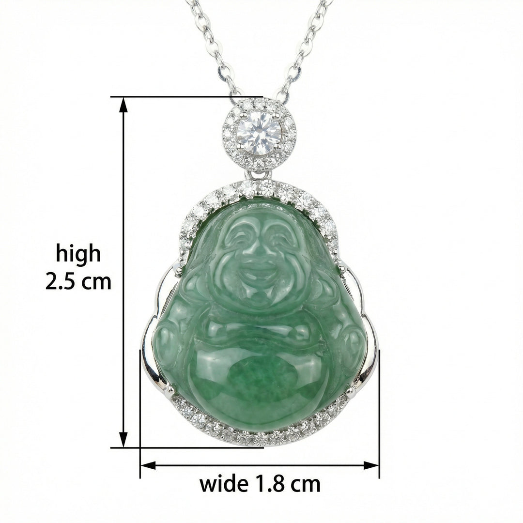 925 Sterling Silver Exquisite Green Jade Laughing Buddha Pendant Necklace with Sparkling Halo Accents