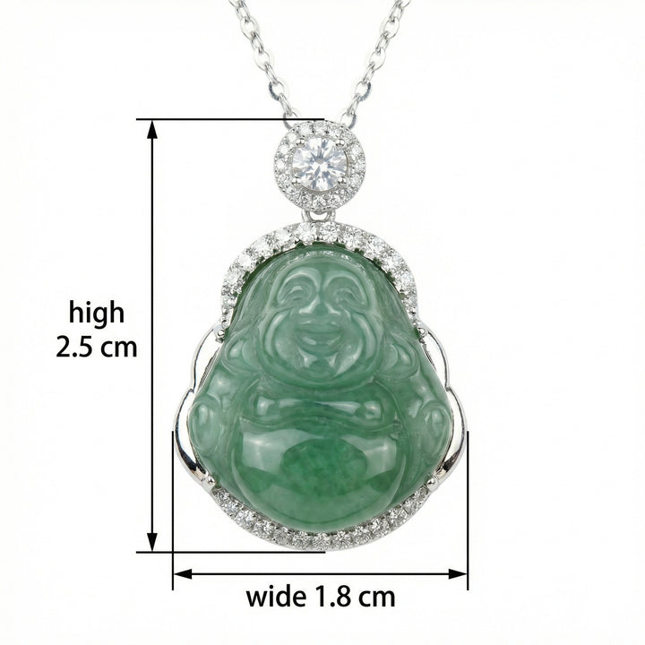 925 Sterling Silver Exquisite Green Jade Laughing Buddha Pendant Necklace with Sparkling Halo Accents