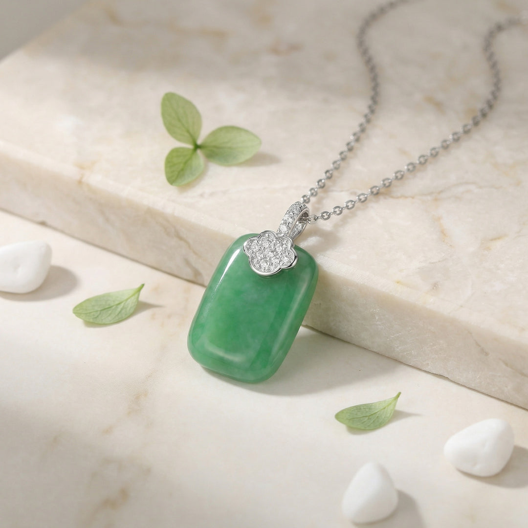925 Sterling Silver Elegant Green Jadeite Rectangle Pendant Necklace with Sparkling Diamond Accents