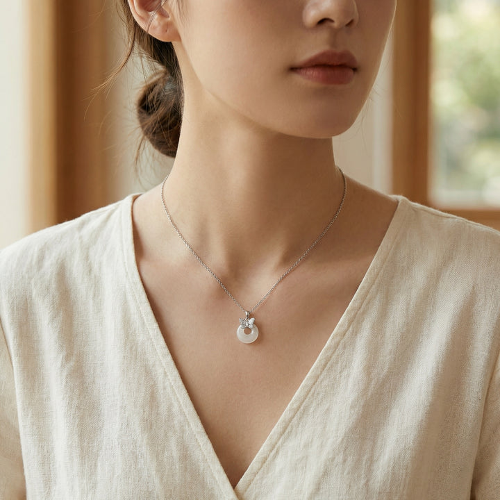 925 Sterling Silver Elegant Butterfly & White Jade Donut Pendant Necklace