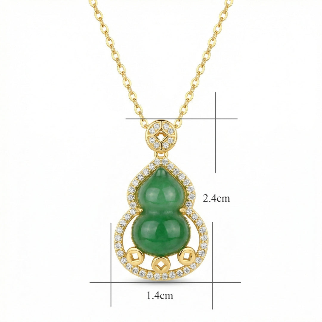 925 Sterling Silver Jadeite Gourd Pendant Necklace with Diamond Halo and Lucky Coin Motifs
