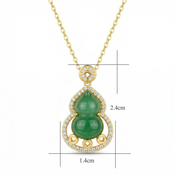 925 Sterling Silver Jadeite Gourd Pendant Necklace with Diamond Halo and Lucky Coin Motifs