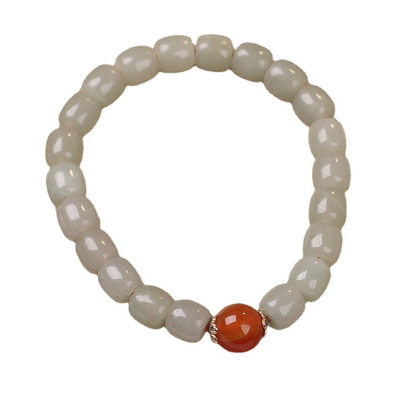 Ethnic Style Lucky Hetian Jade Barrel Bead Bracelet – Women's Green Charm