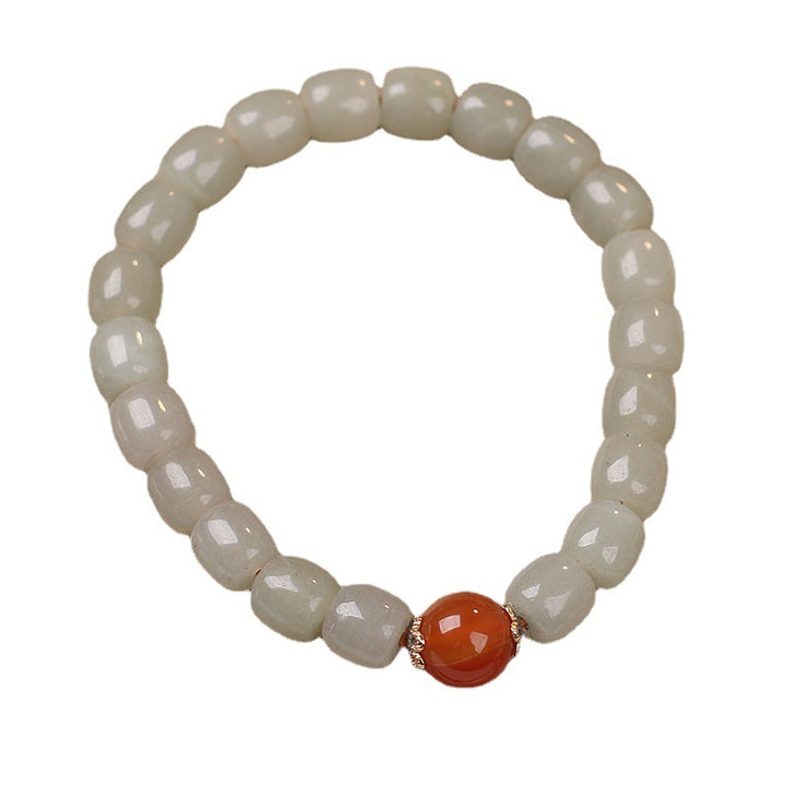 Ethnic Style Lucky Hetian Jade Barrel Bead Bracelet – Women's Green Charm
