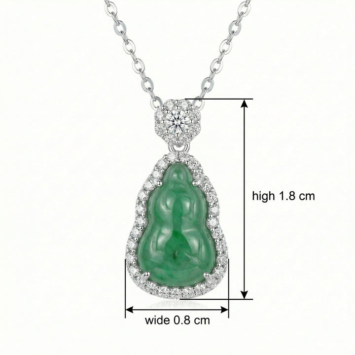 925 Sterling Silver Green Jadeite Gourd Pendant Necklace – Diamond Halo & Floral Accents