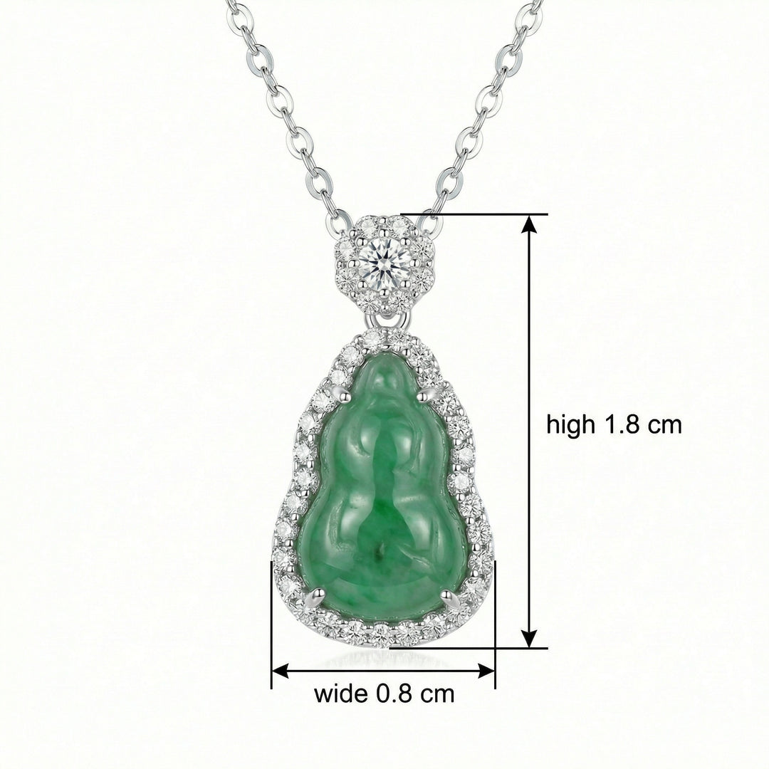 925 Sterling Silver Green Jadeite Gourd Pendant Necklace – Diamond Halo & Floral Accents