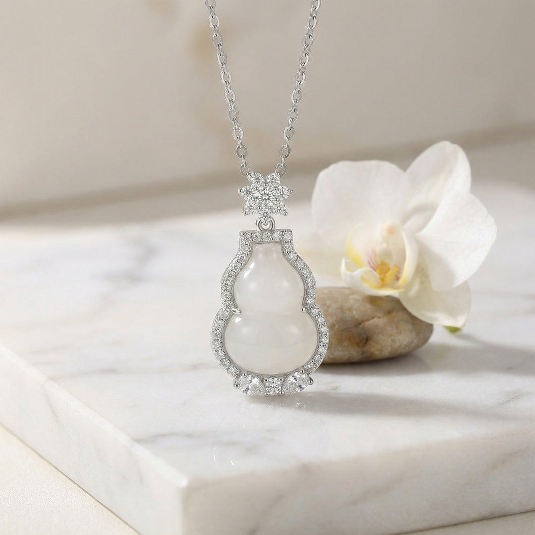 925 Sterling Silver Elegant White Jade Gourd Pendant Necklace with Sparkling Crystal Accents