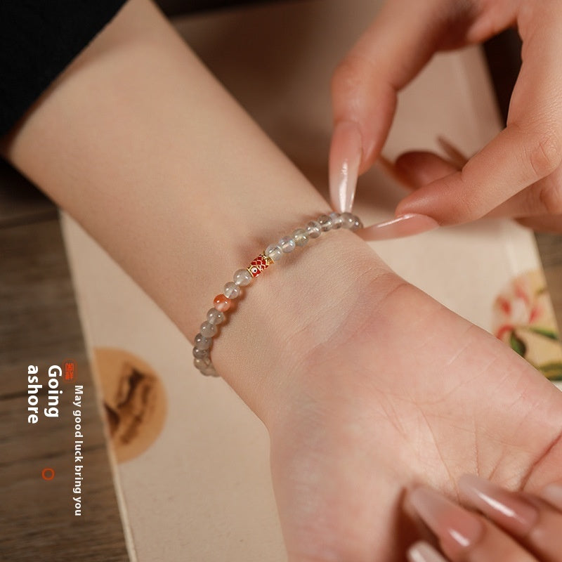 Handmade Moonstone Koi Enamel Bracelet – Light Luxury Design
