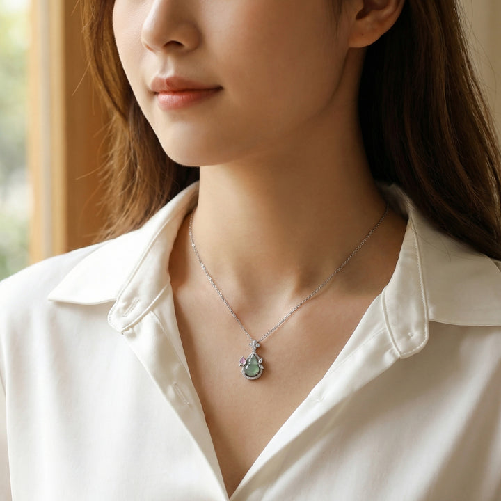925 Sterling Silver Jadeite Gourd Pendant Necklace – Diamond & Pink Gemstone Accent
