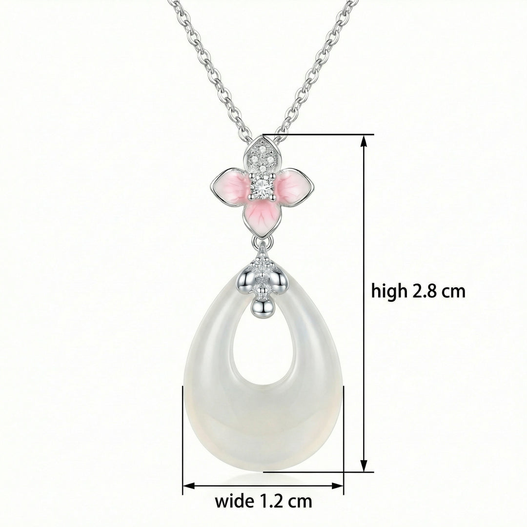 925 Sterling Silver Elegant Cherry Blossom and White Teardrop Stone Pendant Necklace