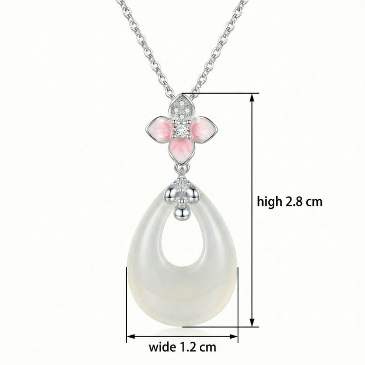 925 Sterling Silver Elegant Cherry Blossom and White Teardrop Stone Pendant Necklace