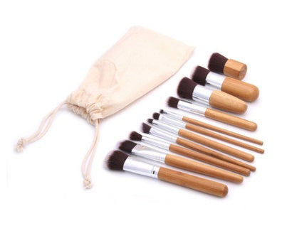 ✨ 11-Piece Bamboo Handle Makeup Brush Set — Linen Bag Beauty Tools 💄🌿
