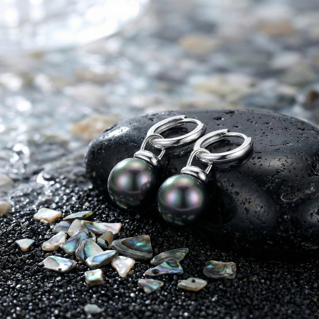 ✨ 925 Sterling Silver Black Pearl Hoop Earrings – Iridescent Drop Charms ✨
