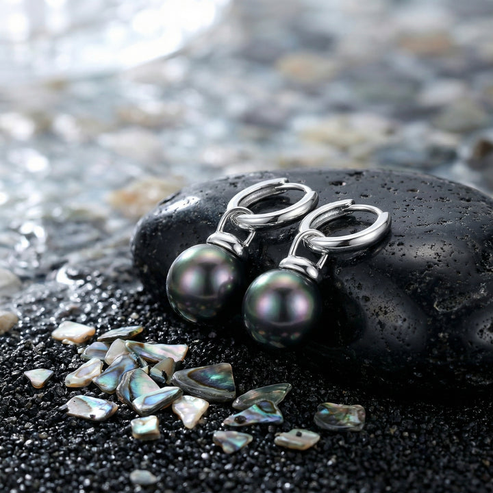 ✨ 925 Sterling Silver Black Pearl Hoop Earrings – Iridescent Drop Charms ✨