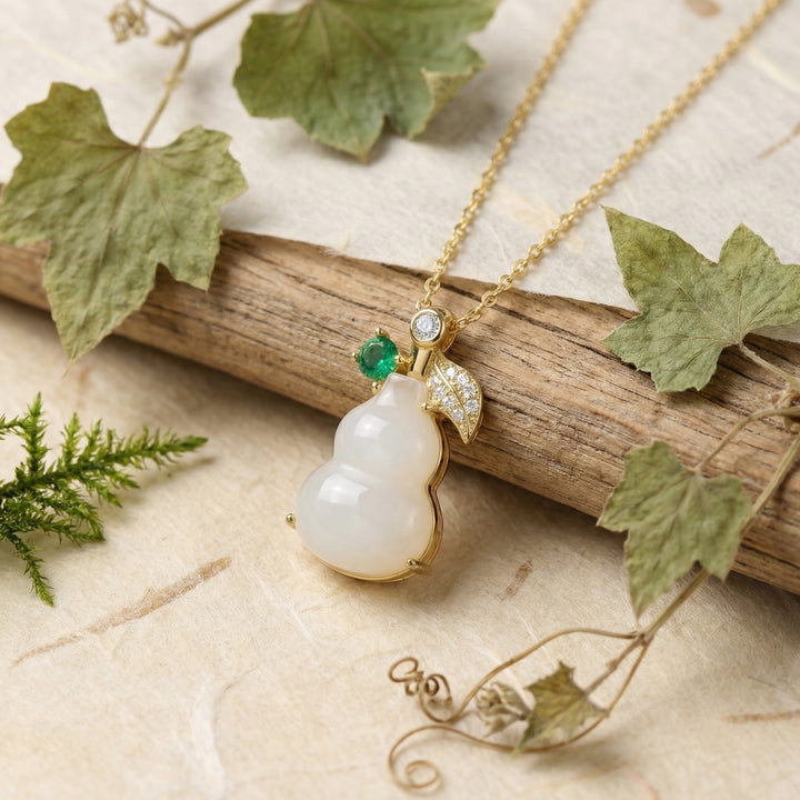✨ 925 Sterling Silver Elegant White Jade Gourd Pendant Necklace with Emerald & Diamond Leaf Accents ✨