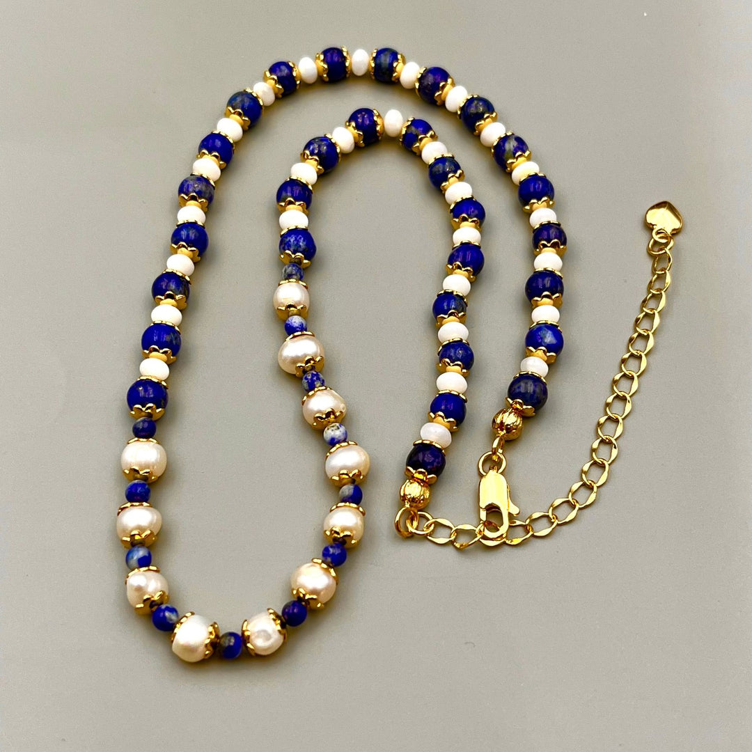 Retro Lapis Stone & Pearl Necklace for Women – Elegant Vintage Fashion Jewelry