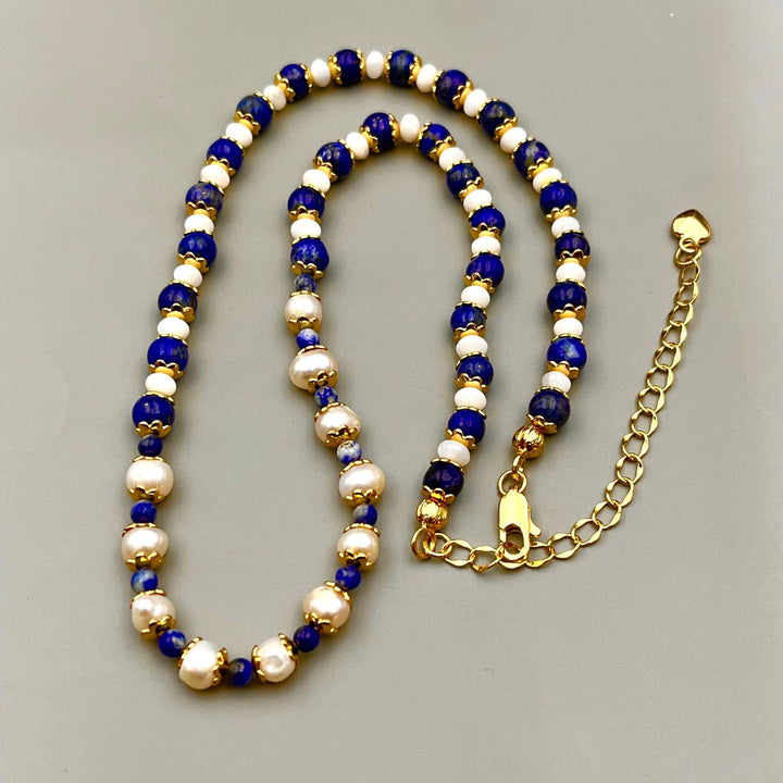 Retro Lapis Stone & Pearl Necklace for Women – Elegant Vintage Fashion Jewelry