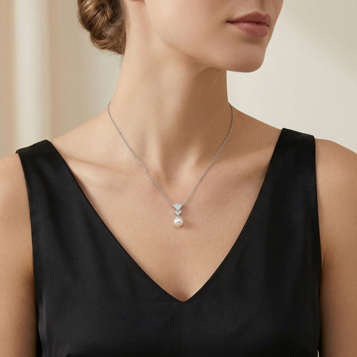 ✨ 925 Sterling Silver Elegant White Pearl and Diamond Pendant Necklace ✨