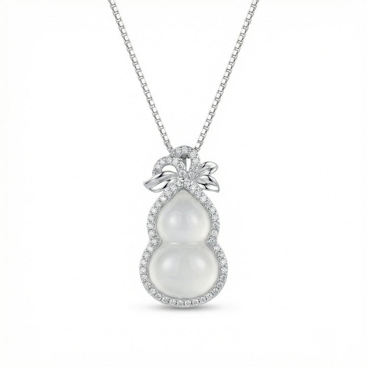 925 Sterling Silver Gourd Necklace – Translucent Gemstone Pendant with Diamond Halo