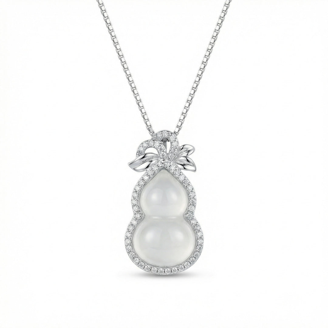 925 Sterling Silver Gourd Necklace – Translucent Gemstone Pendant with Diamond Halo