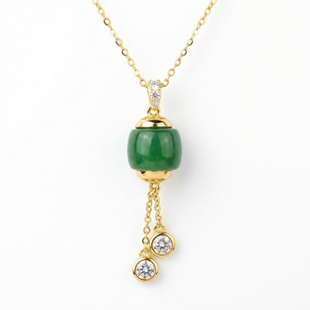 💚 Green Jadeite Barrel Pendant Necklace with Diamonds