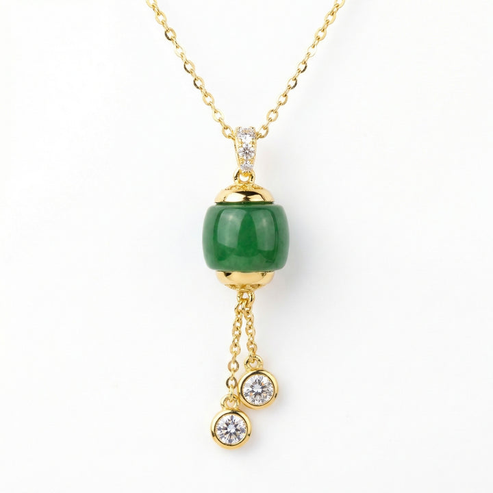 💚 Green Jadeite Barrel Pendant Necklace with Diamonds