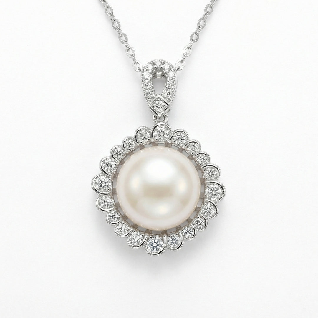 ✨ 925 Sterling Silver Elegant Round White Pearl Pendant Necklace with Diamond Halo ✨