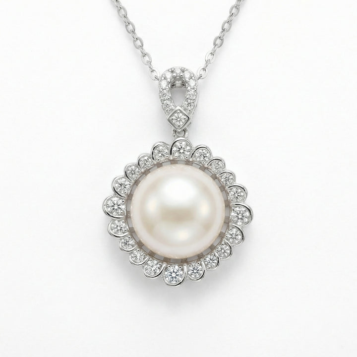 ✨ 925 Sterling Silver Elegant Round White Pearl Pendant Necklace with Diamond Halo ✨