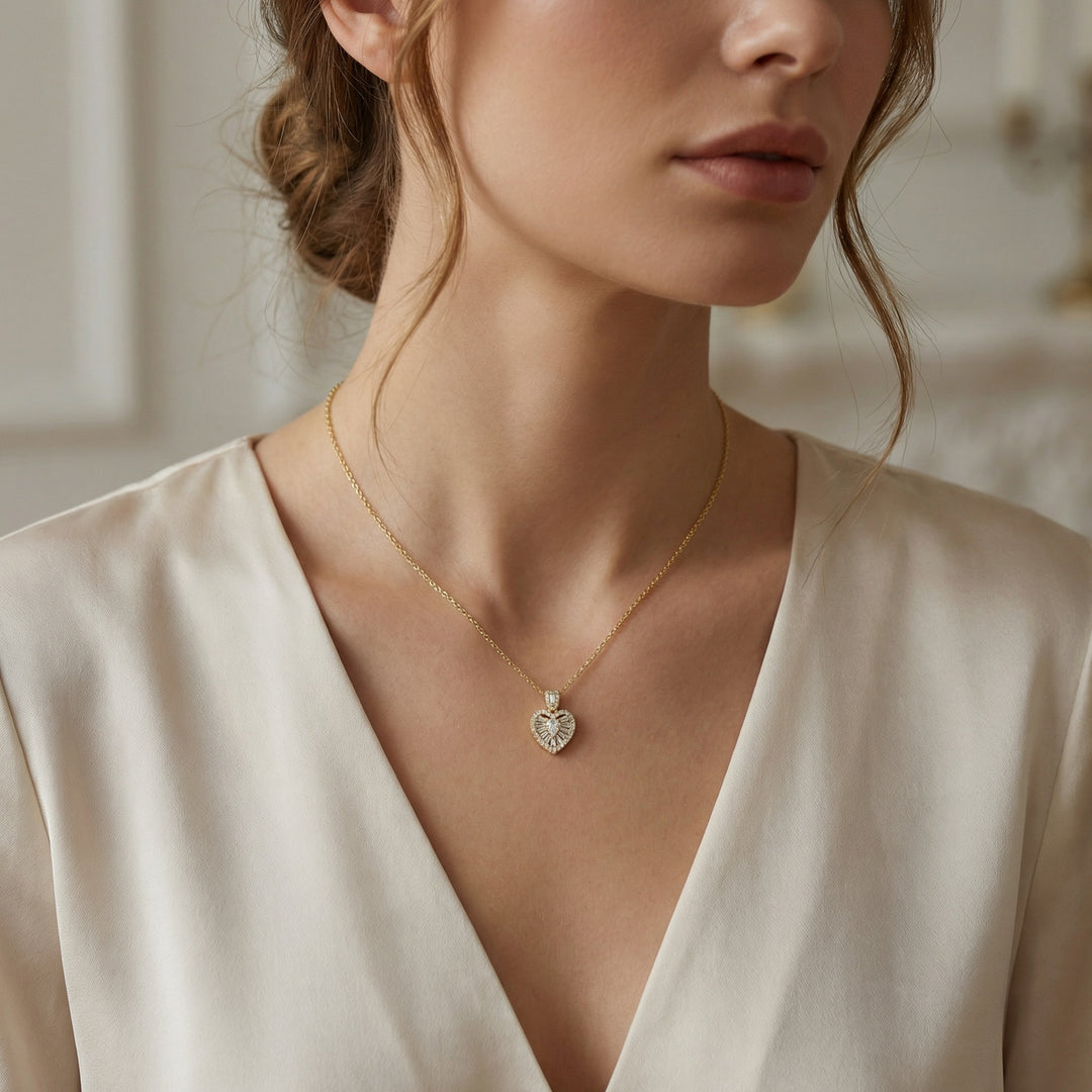 925 Sterling Silver Heart-Shaped Pendant Necklace with Pear, Baguette & Round Brilliant Diamonds