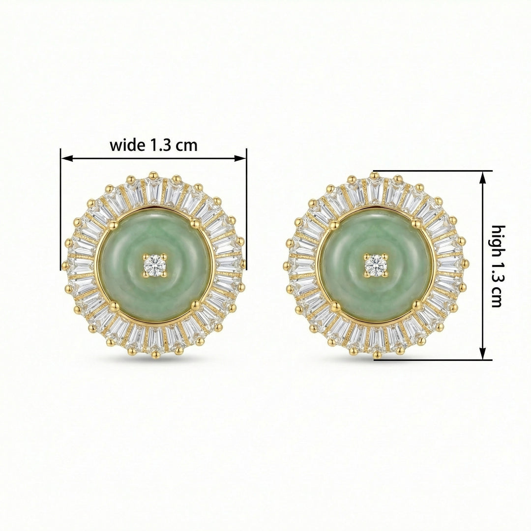 925 Sterling Silver Green Jadeite Stud Earrings with Radiant Baguette Diamond Halo