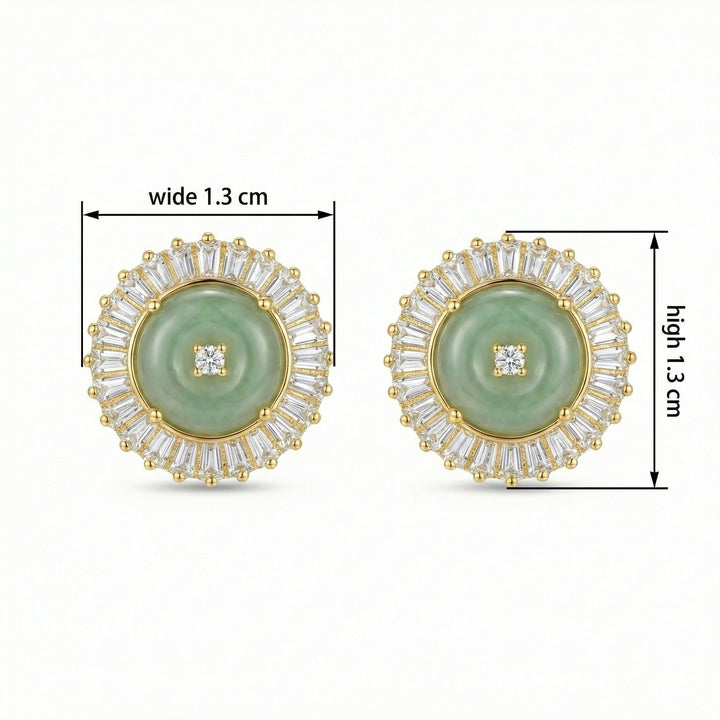 925 Sterling Silver Green Jadeite Stud Earrings with Radiant Baguette Diamond Halo
