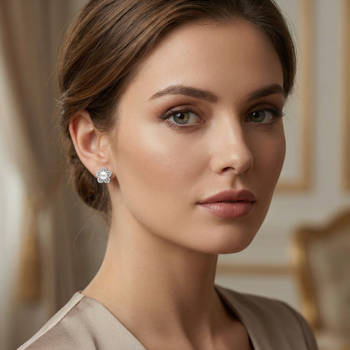 ✨ 925 Sterling Silver Floral White Pearl & Diamond Petal Stud Earrings ✨
