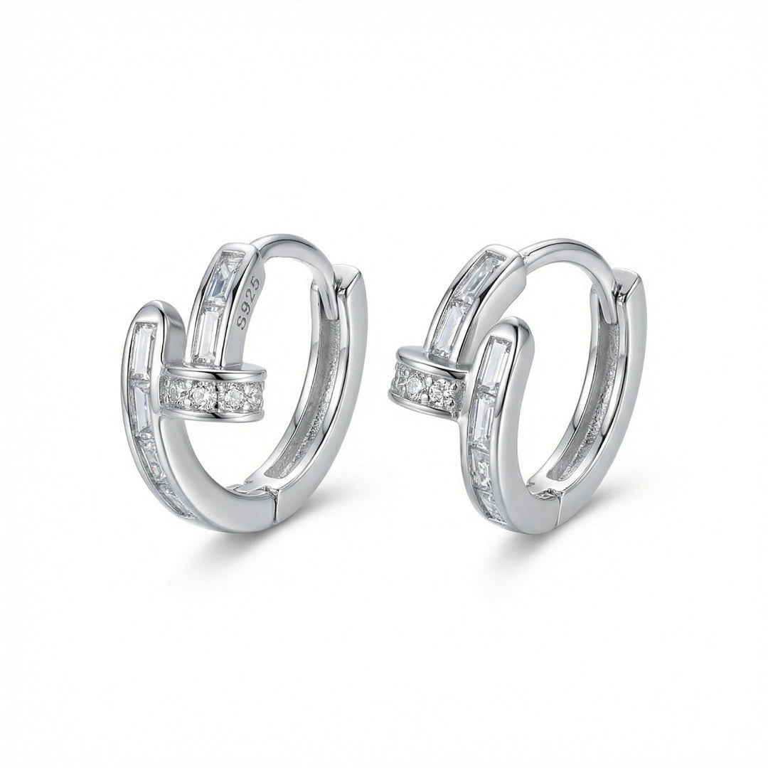 ✨ 925 Sterling Silver Nail-Shaped Huggie Hoop Earrings with CZ Stones ✨