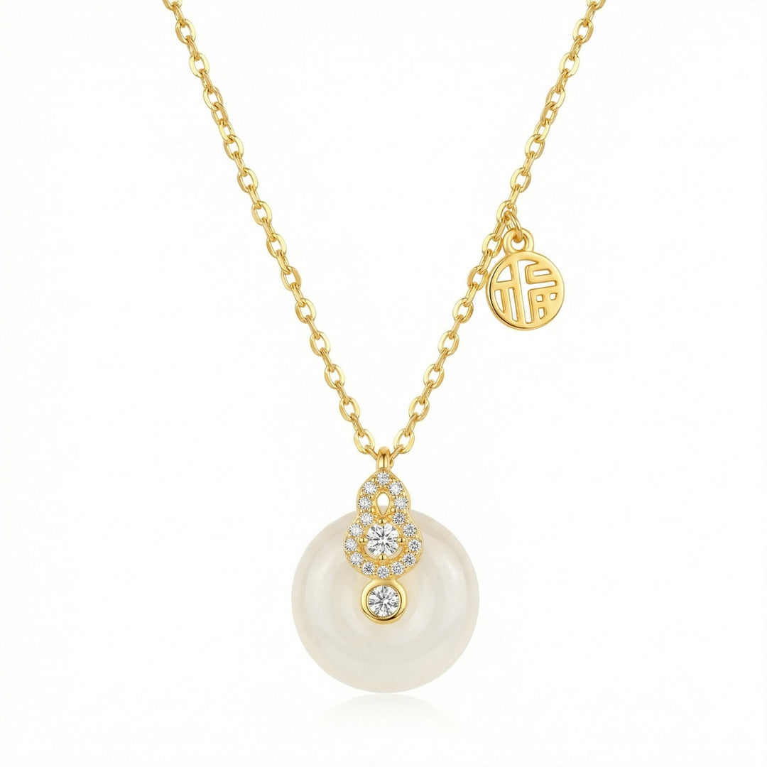 925 Sterling Silver White Stone Gourd Necklace – Auspicious Pendant with Fortune Coin Detail